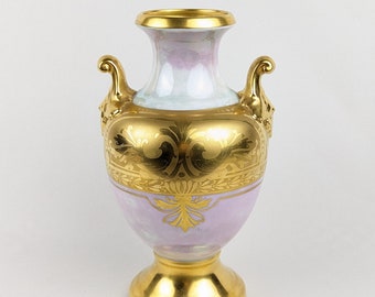 Gilt porcelain vase with handles Japan mark opal glazed 9 inches high