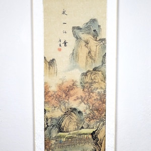 Chinese hanging scroll woodblock print on fabric with silk borders and gold sprinkled, 56 inches long