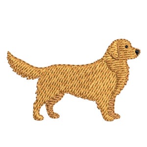 May include: An embroidered design of a golden retriever dog. The dog is shown in profile, standing with its tail raised. The embroidery has a textured look, in a light brown shade. The dog's features, including its eyes and nose, are clearly defined.