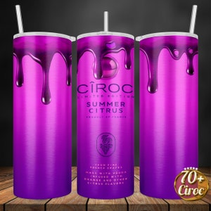 May include: A purple stainless steel tumbler with a dripping design. The tumbler features the CIROC logo and the text "LIMITED EDITION SUMMER CITRUS PRODUCT OF FRANCE". The tumbler also features the text "FROM FINE FRENCH GRAPES MADE WITH VODKA INFUSED WITH ORANGE AND OTHER CITRUS FLAVORS".