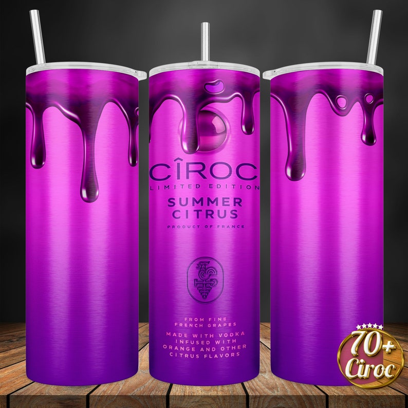 May include: A purple stainless steel tumbler with a dripping design. The tumbler features the CIROC logo and the text "LIMITED EDITION SUMMER CITRUS PRODUCT OF FRANCE". The tumbler also features the text "FROM FINE FRENCH GRAPES MADE WITH VODKA INFUSED WITH ORANGE AND OTHER CITRUS FLAVORS".