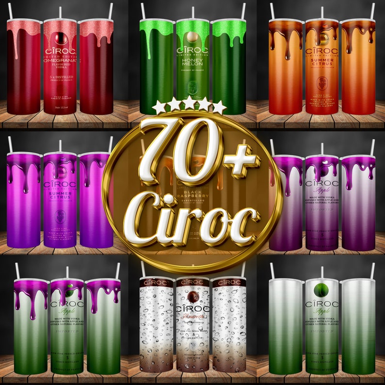 May include: A collection of 10 colorful stainless steel tumblers with a variety of C&Icirc;ROC vodka flavors, including Summer Citrus, Black Raspberry, Honey Melon, and Apple. The tumblers are decorated with a dripping effect and feature the C&Icirc;ROC logo.