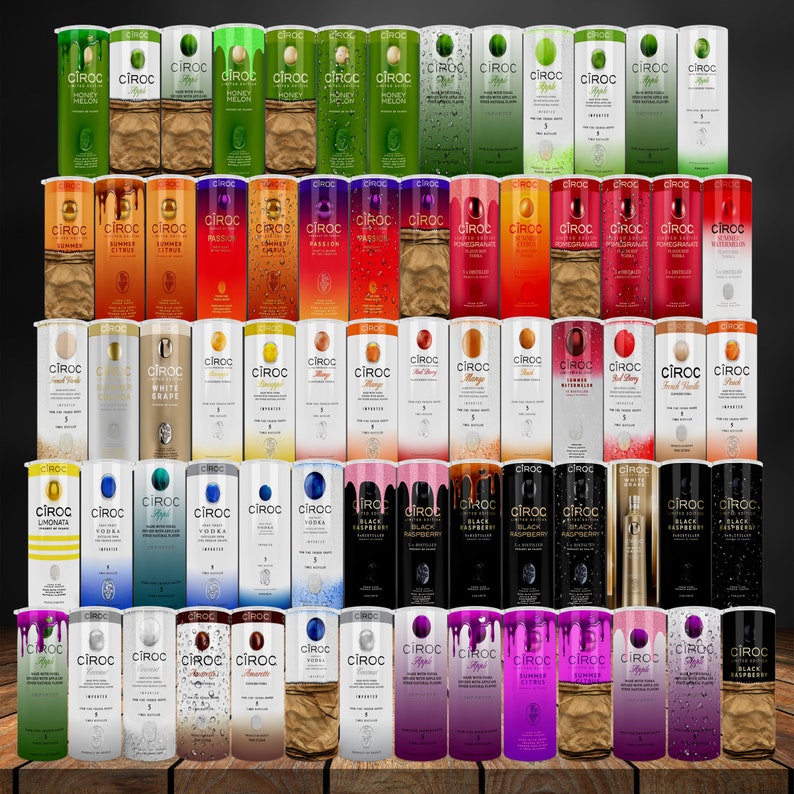 May include: A collection of 48 colorful aluminum cans of Ciroc vodka, arranged in five rows of ten cans each. The cans feature various flavors, including Apple, Summer Citrus, Peach, Mango, Red Berry, and Black Raspberry.