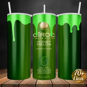 May include: Green and white stainless steel tumbler with a dripping green glitter design. The tumbler features the CIROC logo and the text "LIMITED EDITION HONEY MELON PRODUCT OF FRANCE". The bottom of the tumbler has the text "FROM FINE FRENCH GRAPES MADE WITH VODKA INFUSED WITH MELON HONEY AND OTHER NATURAL FLAVORS 35% ALC/VOL (TO PROOF) 750 ml".