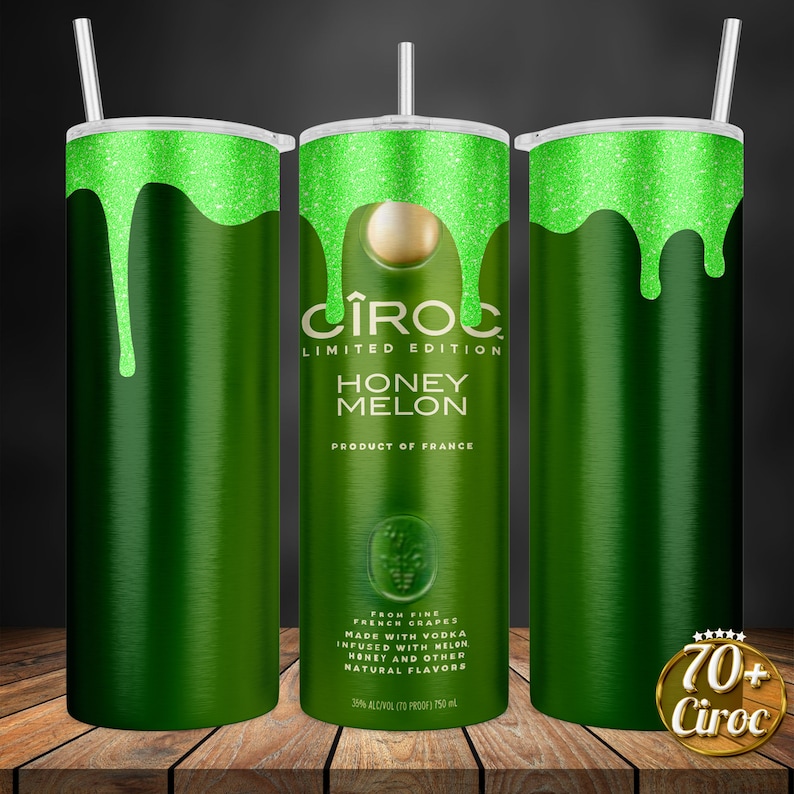 May include: Green and white stainless steel tumbler with a dripping green glitter design. The tumbler features the CIROC logo and the text "LIMITED EDITION HONEY MELON PRODUCT OF FRANCE". The bottom of the tumbler has the text "FROM FINE FRENCH GRAPES MADE WITH VODKA INFUSED WITH MELON HONEY AND OTHER NATURAL FLAVORS 35% ALC/VOL (TO PROOF) 750 ml".