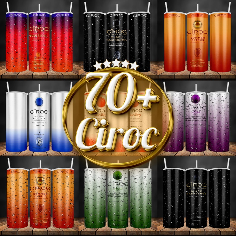 May include: A collage of 12 different designs for 20 oz. stainless steel tumblers featuring various C&Icirc;ROC vodka flavors. The designs include a variety of colors and patterns, including black, white, red, orange, green, purple, and blue. The tumblers are perfect for enjoying your favorite C&Icirc;ROC cocktails.