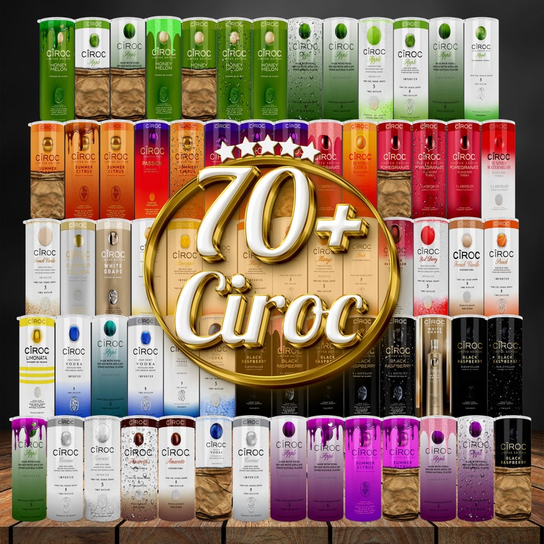 May include: A collection of over 70 different flavors of Ciroc vodka, displayed in rows on a wooden surface. The flavors include classic, fruity, and seasonal options.