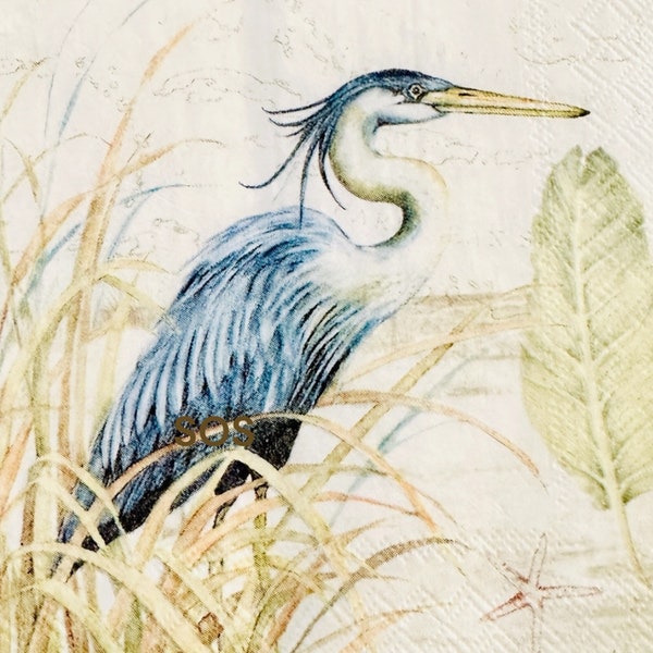 Decoupage Napkins, Blue Heron Napkin, Blue Heron on Grass Napkin, Oyster Shell Decoupage, Scrapbook Ephemera, Bird Napkin, Set of 3