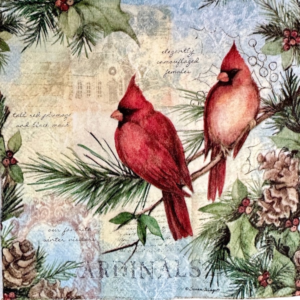 Decoupage Napkins, Cardinal Bird Napkin, Craft Napkin, Single Napkin, Oyster Shell Decoupage, Cardinal Christmas Napkin, Set of 3