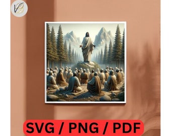 Forest sermon illustration, Mystical religious art, Nature-inspired biblical scene, Tranquil religious setting, Sacred gathering print
