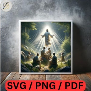 Jesus Transfiguration digital art, Sacred Christian moment, Divine revelation, Holy light in forest, Religious art, Gospel art, Holy scene