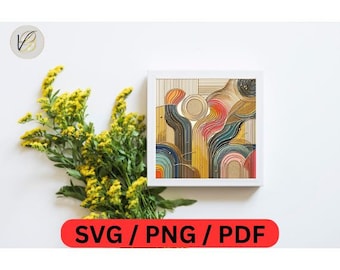 Arte lineal abstracto, Decoración boho moderna, Decoración de pared con formas geométricas, Curvas coloridas, Geometría dorada de lujo, Arte sofisticado para sala de estar