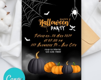 Bearbeitbare Halloween-Kürbis-Einladung, Halloween-Party-Einladungsvorlage, Halloween-Geburtstagseinladung, digitale Halloween-Einladung