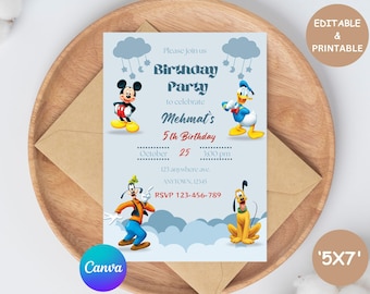 Editable Mickey Mouse Birthday Invitation, Watercolor Mickey Birthday invite, Birthday Boy Invitation, Disneyland Bday Mickey Mouse Invite