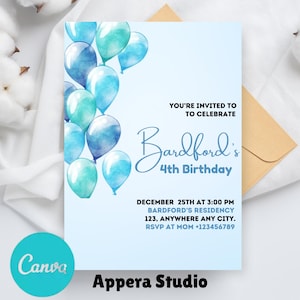 Editable Balloon Birthday Invitation, Printable Blue Balloons Party Invite, Minimalist Any Age Kids Invitation Template, Instant Download
