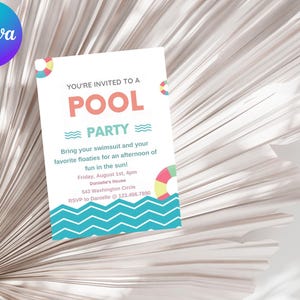 May include: A pool party invitation with a blue and white wavy design. The text reads "You're invited to a Pool Party". Bring your swimsuit and your favorite floaties for an afternoon of fun in the sun! Friday, August 1st, 4pm, Danielle's House, 543 Washington Circle. RSVP to Danielle @ 123.456.7890.