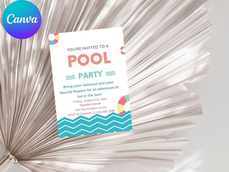 May include: A pool party invitation with a blue and white wavy design. The text reads "You're invited to a Pool Party". Bring your swimsuit and your favorite floaties for an afternoon of fun in the sun! Friday, August 1st, 4pm, Danielle's House, 543 Washington Circle. RSVP to Danielle @ 123.456.7890.
