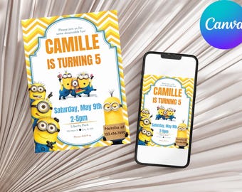 Minions redigerbara födelsedagsinbjudan, Minionsinbjudan, Dumma mej, födelsedagsinbjudan, redigerbar inbjudningsmall, digitalt kort