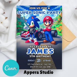 Sonic & Mario-Geburtstags-Einladung, Doppel-Themeneinladung, Dual-Kombinierte Geburtstagseinladung, Sonic und Mario-Einladungsvorlage
