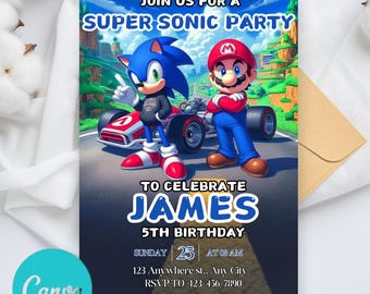 Sonic & Mario Birthday Invitation, Double Theme Invitation, Dual Combined Birthday Invitation, Sonic And Mario Invitation Template