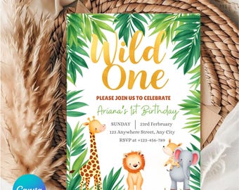 Wild One First Birthday Invitation, Safari-Themed Birthday Invite, Jungle Animals Party Invitation, Boys' Birthday Celebration
