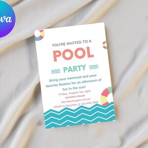 May include: A white invitation card with blue and green waves and red, yellow, and green life preserver illustrations. The text reads "You're invited to a Pool Party. Bring your swimsuit and your favorite floaties for an afternoon of fun in the sun! Friday, August 1st, 4pm Danielle's House 543 Washington Circle RSVP to Danielle 123.456.7890"