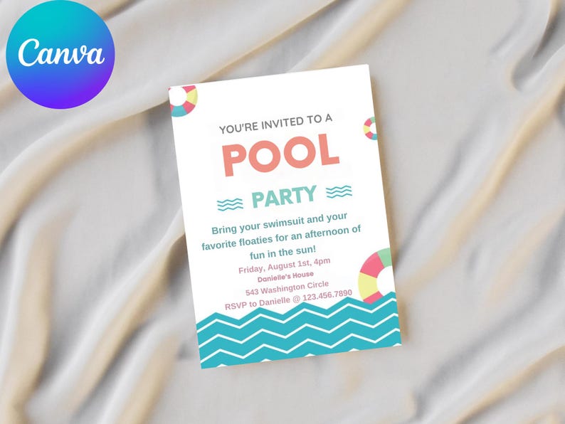 May include: A white invitation card with blue and green waves and red, yellow, and green life preserver illustrations. The text reads "You're invited to a Pool Party. Bring your swimsuit and your favorite floaties for an afternoon of fun in the sun! Friday, August 1st, 4pm Danielle's House 543 Washington Circle RSVP to Danielle 123.456.7890"