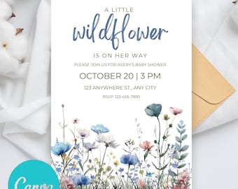 Editable A Little Wildflower Baby Shower Invitation, Baby in Bloom Baby Shower Invite, Spring Flowers Baby Shower Invite