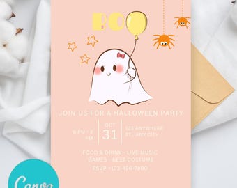 Bewerkbare verjaardagsuitnodiging Halloween-spook, uitnodiging Halloween-feestje, Hey Boo Ghost-feest, spookachtig Halloween-feest, canvassjabloon