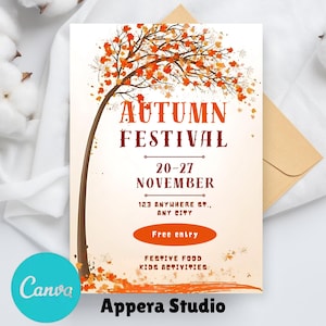 May include: An invitation to an Autumn Festival, featuring a watercolor illustration of a tree with orange and red leaves. The text reads "Autumn Festival", "20-27 November", "123 Anywhere St., Any City", "Free Entry", "Festive Food", "Kids Activities", and "Appera Studio".