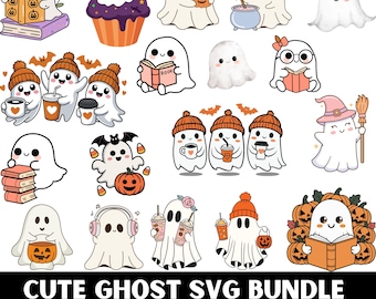 Cute Ghost Halloween svg Bundle, Retro Ghost png, Retro Floral Ghost png, Ghost svg, Ghost Reading svg, Spooky Season, Halloween png