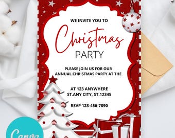 Christmas Party Invitation Template - Christmas Celebration Invite - Red Gold Holiday Party - Christmas Evite - INSTANT download