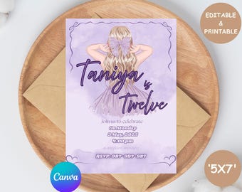 Editable Purple Bow Birthday Invitation, Birthday Invite, Purple Bow Invitation Template, Coquette Bow Birthday