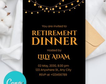 Retirement Party Invitation, Retirement Dinner Elegant Black White Gold Sparkle Glitter, Editable Retirement Birthday Party It's a Surprise
