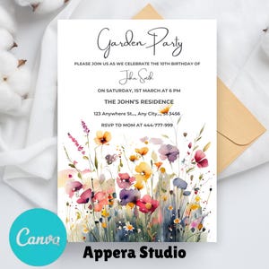 Convite floral editável para o primeiro aniversário, modelo de convite para festa de aniversário com flores silvestres, aniversário para festa no jardim, convite com flores para aniversário de meninas