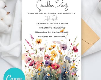 Editable Floral 1st Birthday Invite, Wildflower Birthday Party Invitation Template, Garden Party Birthday, Girls Birthday Flower Invitation