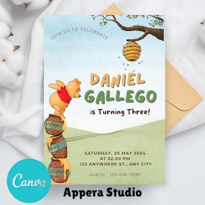 Editable Winnie The Pooh Birthday Invitation Template, Printable Boy Birthday Invite, Instant Download  Birthday Invite Canva Template