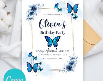 May include: A blue and white birthday party invitation with a gold frame and blue butterflies. The invitation says "You are invited to Olivia's Birthday Party" and includes the date, time, and location of the party.
