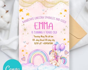 May include: Pink birthday invitation featuring a rainbow, clouds, and a unicorn with balloons. The text reads "RAINBOWS UNICORN SPARKLES AND GOLD EMMA IS TURNING 5 YEARS OLD Tuesday May 7th At 1pm 123 Any Street 123 Any city RSVP AT +1234567890 Canva Appera Studio"