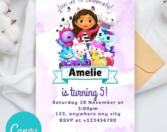 Gabbys Dollhouse Birthday Invitation, Digital Gabby Dollhouse Invitation, Printable Kids Party Invites, Canva Template