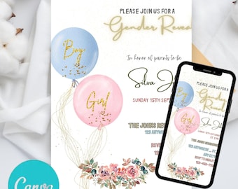 Gender Reveal Invitation Template, Editable Pink and Blue Gender Reveal Party Invitation, Balloons He Or She Baby Shower Invitation