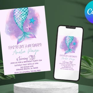 Mermaid Birthday Invitation, Mermaid Invite, Princess Birthday Party Invites, Little Mermaid, Evite, Mobile Phone Editable Digital Card