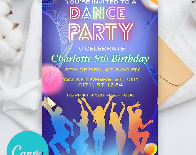 Editable Dance Birthday Party Invitation Glow Tie Dye Dance Party Neon ...
