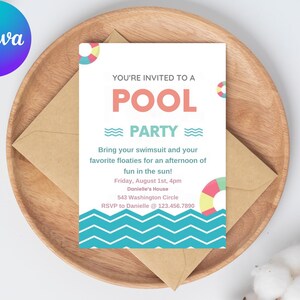 May include: A blue and white pool party invitation with a colorful pool float design. The invitation reads "You're invited to a Pool Party". It includes the date, time, and location of the party. RSVP to Danielle at 123.456.7890.