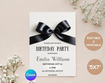Plantilla de invitación de cumpleaños editable con lazo negro, invitación de cumpleaños minimalista con lazo negro, fiesta de cumpleaños número 30, 40 y 50 con lazo negro