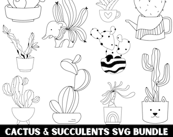 サボテンと多肉植物のSVGバンドル | Cricut用多肉植物クリップアート | 鉢植え植物のベクターデザイン | サボテンのアウトラインPNGファイル | デジタルカットファイル
