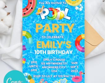 Pool Party Editable Invitation, Summer Birthday Party Evite, Text Invitation, Pool Party Invitation, Electronic Invite, Digital Invitation