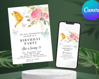 EDITABLE Butterfly Birthday Invitation Template, Pink Butterfly Kisses Invite, Girl First Birthday, Butterfly Party Download
