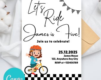 Editable Bicycle Birthday Invitation Template | Editable Bike Let's Ride Birthday Invite | Race on Over Bike 5th Birthday Canva Invitation