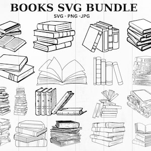 May include: A set of 16 black and white line drawings of books in various stacks and arrangements. The drawings are in a simple, hand-drawn style. The text "BOOKS SVG BUNDLE" is at the top of the image.